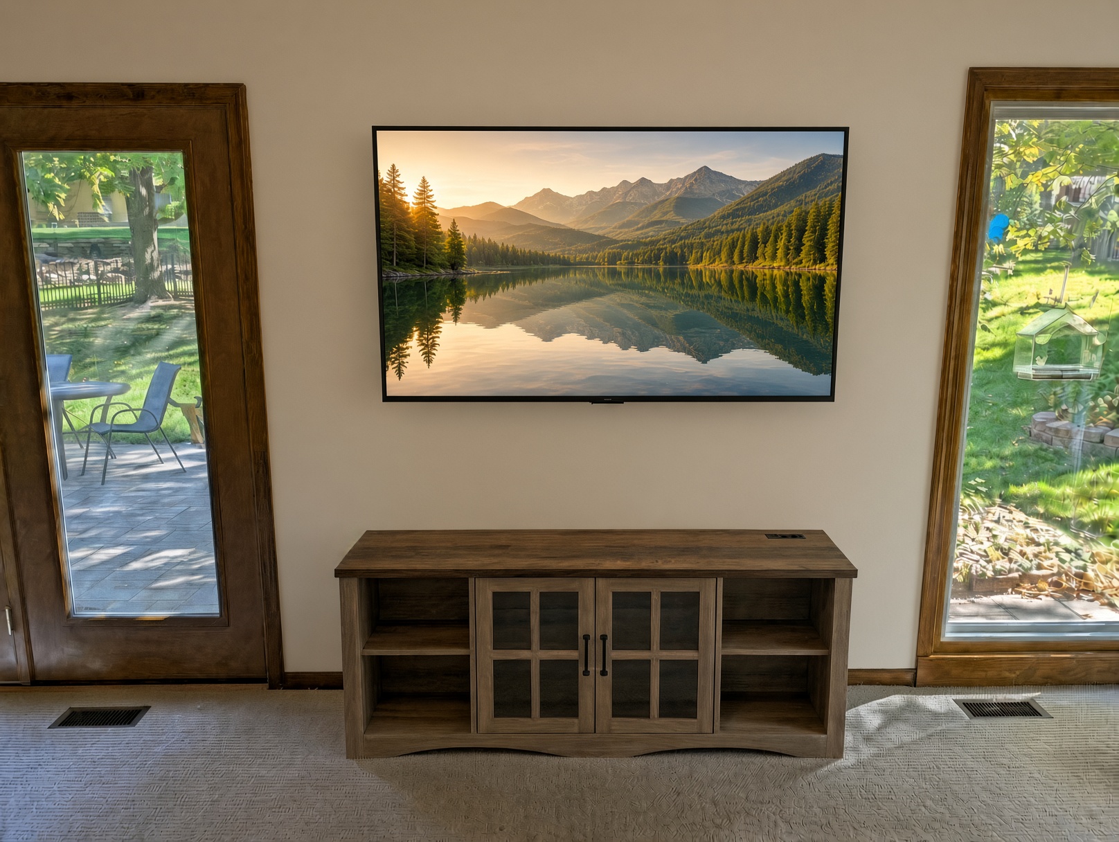 The same TV mounted on the wall above the console with no cables showing. The same TV mounted on the wall above the console with no cables showing.